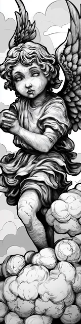Free angel bookmark to color featuring sneaking over clouds angel